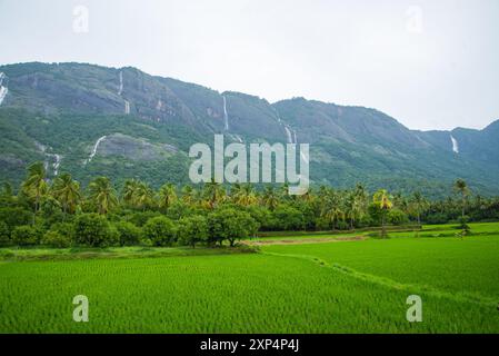 Kollengode Village mit Nelliyampathy Mountains und Seetharkundu Wasserfällen - Kerala Tourism Stockfoto