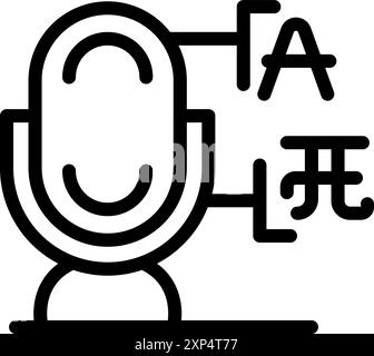 Zeilensymbol eines Mikrofons, das eine Audiobotschaft in verschiedene Alphabete übersetzt und das Konzept der globalen Kommunikation repräsentiert Stock Vektor