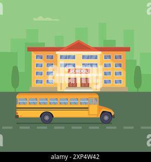 Illustration der Schule. Die Fassade des Schulgebäudes für Kinder und der gelbe Bus Stock Vektor