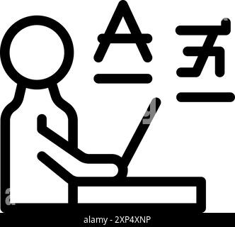 Der Übersetzer arbeitet an einem Übersetzungsprojekt und übersetzt ein Dokument mit einem Laptop von einer Sprache in eine andere Stock Vektor
