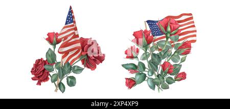 Dunkelroter Rosenstrauß mit US-Flagge. Set mit Blumenmuster für amerikanische Nationalfeiertage. Memorial da oder Unabhängigkeitstag. Aquarellabbildung Stockfoto