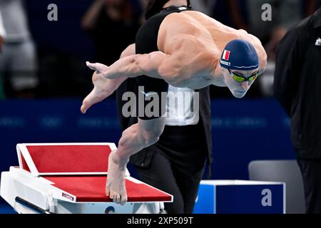 Paris, Frankreich. August 2024. Maxime Grousset aus Frankreich tritt am 3. August 2024 im schwimmenden 100-m-Butterfly-Men-Finale während der Olympischen Spiele 2024 in Paris (Frankreich) an. Quelle: Insidefoto di andrea staccioli/Alamy Live News Stockfoto