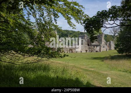 Ruinen der Bayham Old Abbey in Kent mit antiken Steinbögen und mittelalterlicher Architektur in der malerischen englischen Landschaft. Stockfoto