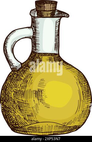 Glas mit nativem Öl. Gravur der Flasche mit Olivenerzeugnissen Stock Vektor