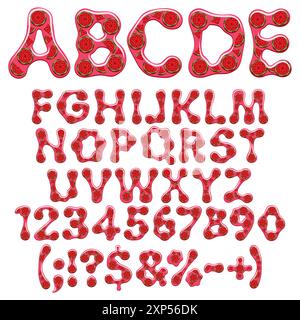 Alphabet, Buchstabe, Zahl und Zeichen aus rotem Gelee mit Scheiben saftiger Wassermelone. Isoliertes Vektorobjekt auf weißem Hintergrund. Stock Vektor