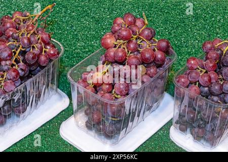 Köstliche Trauben im Supermarktregal. Stockfoto