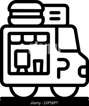 Liniensymbol eines Food Trucks, der geparkt und für Kunden bereit ist und Speisen und Getränke zum Mitnehmen anbietet Stock Vektor