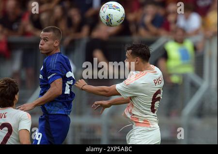 Roma Niccolo Pisilli im Einsatz während des Freundschaftsspiels ALS Roma - Olympiacos FC im „Manlio Scopigno“-Stadion in Rieti, Italien am 3. august 2024 Stockfoto