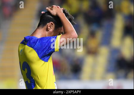 Sint Truiden, Belgien. August 2024. Die Spieler der STVV sehen enttäuscht aus, nachdem sie am Samstag, den 03. August 2024, in Sint-Truiden, am 1. Tag der Saison 2024-2025 der ersten Liga der „Jupiler Pro League“ in der belgischen Meisterschaft ein Fußballspiel zwischen Sint-Truidense VV und Sporting Charleroi verloren hatten. Das Spiel wird ohne Unterstützer-Duo gespielt, um eine Strafe nach Unterstützerunruhen in der letzten Saison nach und während des Spiels mit Standard zu zahlen. BELGA FOTO JILL DELSAUX Credit: Belga News Agency/Alamy Live News Stockfoto