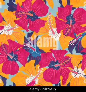 Nahtloses Vintage-Muster mit farbenfrohen Hibiskus. Retro-Blumenmuster mit Hibiskus Stockfoto
