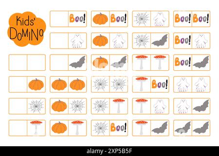 Domino für Kinder, Lernen Halloween Herbstferien Illustration, Vokabular Spaß pädagogische Aktivität für die Entwicklung von Logik Denken, druckbares Arbeitsblatt für Gruppenbrettspiel, Lehrerressourcen Stock Vektor