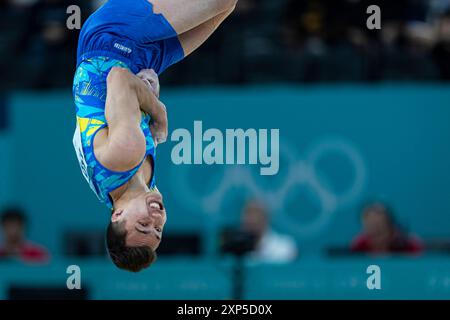 Paris, Frankreich. August 2024. Olympische Spiele, Finale der künstlerischen Gymnastik für Männer in der Bercy Arena. Milad Karimi während seiner Übung. Quelle: ABEL F. ROS Credit: ABEL F. ROS/Alamy Live News Stockfoto
