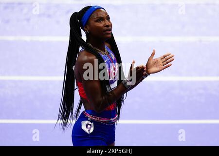 Paris, Frankreich, 3. August 2024. Twanisha Terry aus den USA während der Olympischen Spiele 2024 Leichtathletik WomenÕs 100 m Finale im Stade de France am 03. August 2024 in Paris. Quelle: Pete Dovgan/Speed Media/Alamy Live News Stockfoto