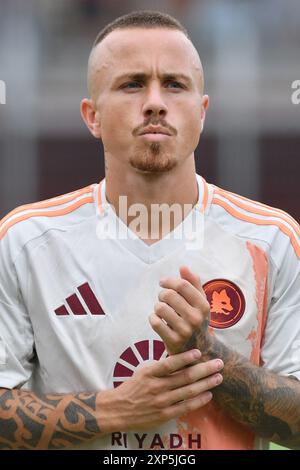 Rieti, Italien. August 2024. Angelino von AS Roma während des Freundschaftsspiels zwischen Roma und Olympiakos im Manlio Scopigno Stadion, Rieti, Italien, 3. August 2024. (Foto: massimo insabato/Alamy Live News Stockfoto