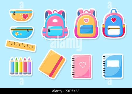 Set mit Schulmaterial. Schulaufkleber. Vektorabbildung. Stock Vektor