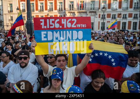 Madrid, Spanien. August 2024. Menschen mit Plakaten und Fahnen protestieren während einer Demonstration. Tausende Venezolaner, die in Madrid wohnhaft waren, versammelten sich in Puerta del Sol, um zu protestieren und ihre Ablehnung mit den Wahlergebnissen in Venezuela zum Ausdruck zu bringen und Oppositionsführerin Maria Corina Machado und Oppositionskandidat Edmundo Gonzalez zu unterstützen. Quelle: Marcos del Mazo/Alamy Live News Stockfoto