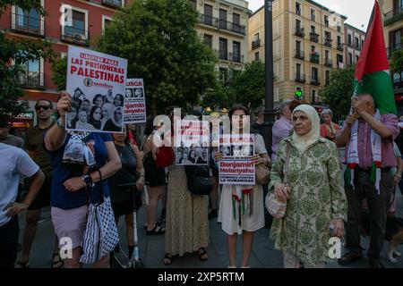 Madrid, Spanien. 3. August 2024 Vertreter verschiedener pro-palästinensischer Organisationen in Madrid haben heute Nachmittag auf dem Lavapies-Platz in Madrid zu einer Kundgebung zur Unterstützung palästinensischer politischer Gefangener aufgerufen. Quelle: D. Canales Carvajal/Alamy Live News Stockfoto