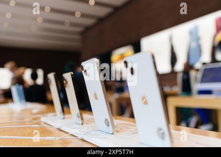 Paris, Frankreich - 28. Oktober 2022: Low-Winkels-Ansicht des iPhone Plus, Pro und der Standardmodelle in einem Apple Store, mit einem verschwommenen Hintergrund von Dokumenten und dem Innenraum des Stores, der die Produktpalette und die Store-Umgebung unterstreicht Stockfoto
