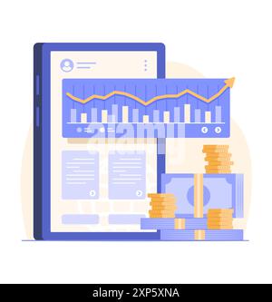 Stack aus Bargeld und Mobiltelefon mit Trading Graph für Illustration des Konzepts für Online-Investitionen Stock Vektor