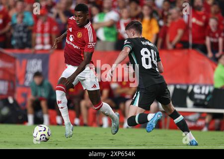 3. August 2024: Marcus Rashford (10) und der Liverpool-Verteidiger Conor Bradley (84) während des FC Series-Spiels zwischen Manchester United und Liverpool im Williams-Brice Stadium in Columbia, South Carolina. Greg Atkins/CSM Stockfoto