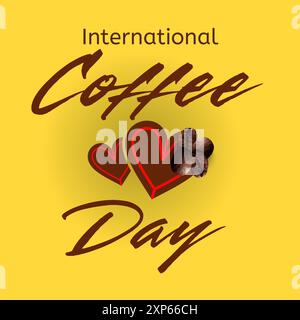 International Coffee Day: Einfache Schriftzug mit sauberer Hand mit realistischer Kaffeebohne auf Herz und Kaffeedekorationen. Beginnen Sie Ihren Tag mit Kaffee Stock Vektor