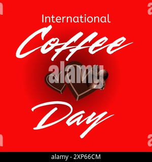 International Coffee Day Simple Clean Hand Schriftzug mit realistischer Kaffeebohne auf Herz und Kaffee Ornamenten, beginnen Sie Ihren Tag mit Kaffee, Stock Vektor