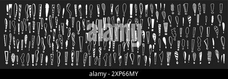 Ausrufezeichen Kritzeleien weiße Linienvektorsymbole bündeln sich im negativen Raum. Aufmerksamkeit Anziehung handgezeichnete Illustration Set schwarz-weiß Stock Vektor