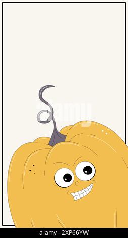 Happy Halloween Hintergrund für Instagram Stories Vorlagen im trendigen Retro-Stil. Social-Media-Rahmen mit groovigem gelben Kürbis. Illustration der Vektorabwicklung Stock Vektor