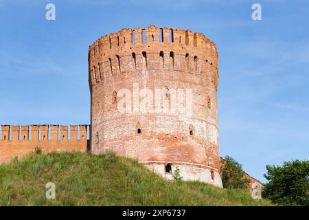 Nahaufnahme des antiken Adlerturms an einem sonnigen Julitag. Festung Smolensk, Russland Stockfoto