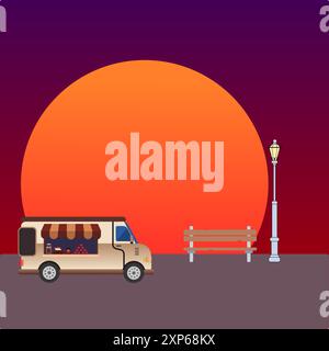 Food Truck parkt vor einem großen orangefarbenen Sonnenuntergang im Hintergrund der Food Truck ist weiß mit einer braunen Markise Stock Vektor