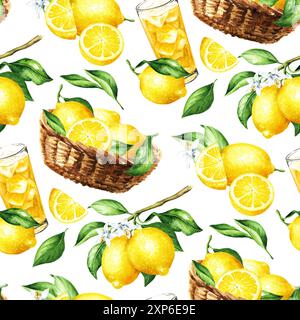 Nahtloses Muster mit frischer Zitrone. Handgezeichnete Aquarellillustration, isoliert auf weißem Hintergrund Stockfoto