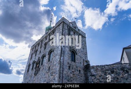 Ein Steinweg führt durch ein großes, bogenförmiges Tor in Richtung der historischen Bergenhus-Festung. Der mittelalterliche Turm und die Steinmauern vermitteln einen Eindruck von Stockfoto