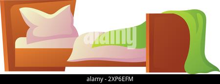 Bett mit Kissen und Decken-Zeichentrickfigur. Schlafzimmermöbel Stock Vektor