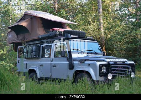 Englands Allrad -Kultauto Landrover Defender in verschiedenen Aktionen und Positionen. 122 PS, 90 kw, 4 Zylinder, Gangmanuell, Antrieb, Allrad, permanent, permanent Allrad, Mitten Differenzialsperre, Lehrgewicht 2126 kg, Zeitgewicht jetzt 3500kg, Baujahr 2010, Diesel, Landrover Defender *** Englands Allrad Kultfahrzeug Landrover Defender in verschiedenen Aktionen und Positionen 122 ps, 90 kw, 4 Zylinder, Schaltgetriebe, Antrieb, Allrad, permanent, permanentes Allrad, mittlere Differentialsperre, Leergewicht 2126 kg, aktuelles Gewicht 3500 kg, Baujahr 2010, Diesel, Landrover Defender Stockfoto