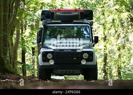 Englands Allrad -Kultauto Landrover Defender in verschiedenen Aktionen und Positionen. 122 PS, 90 kw, 4 Zylinder, Gangmanuell, Antrieb, Allrad, permanent, permanent Allrad, Mitten Differenzialsperre, Lehrgewicht 2126 kg, Zeitgewicht jetzt 3500kg, Baujahr 2010, Diesel, Landrover Defender *** Englands Allrad Kultfahrzeug Landrover Defender in verschiedenen Aktionen und Positionen 122 ps, 90 kw, 4 Zylinder, Schaltgetriebe, Antrieb, Allrad, permanent, permanentes Allrad, mittlere Differentialsperre, Leergewicht 2126 kg, aktuelles Gewicht 3500 kg, Baujahr 2010, Diesel, Landrover Defender Stockfoto