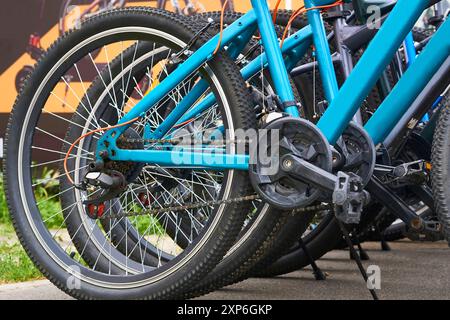 Ein Fahrzeug, das aus zwei Rädern besteht, die hintereinander in einem Rahmen gehalten werden Stockfoto