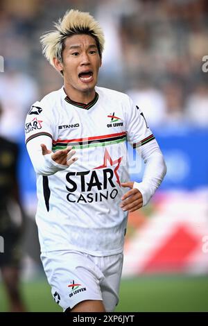 Leuven, Belgien. August 2024. Takahiro Akimoto von OHL wurde während eines Fußballspiels zwischen OH Leuven und KRC Genk am Samstag, den 3. August 2024 in Leuven, am 2. Tag der Saison 2024-2025 der ersten Liga der „Jupiler Pro League“ der belgischen Meisterschaft, dargestellt. BELGA FOTO JOHAN EYCKENS Credit: Belga News Agency/Alamy Live News Stockfoto