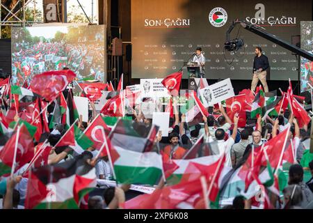 Istanbul, Türkei. August 2024. Die Demonstranten schwenken Flaggen und halten Plakate während der Demonstration. Pro-palästinensische Demonstranten versammelten sich auf dem Istanbuler Hagia-Sophia-Platz, um die Ermordung des Hamas-Führers Ismail Haniyeh zu verurteilen. Tausende von Menschen nahmen an der Veranstaltung "letzter Aufruf von Martyr Haniyeh" Teil, die von der Palästinensischen Unterstützungsplattform organisiert wurde. Quelle: SOPA Images Limited/Alamy Live News Stockfoto