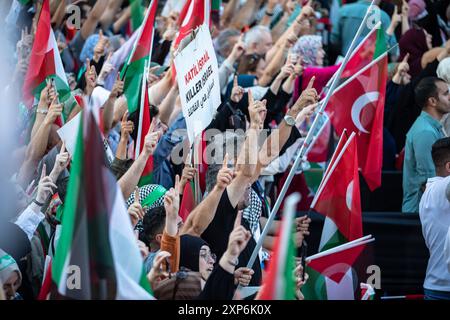 Istanbul, Türkei. August 2024. Die Demonstranten machen Gesten und schwenken Flaggen während der Demonstration. Pro-palästinensische Demonstranten versammelten sich auf dem Istanbuler Hagia-Sophia-Platz, um die Ermordung des Hamas-Führers Ismail Haniyeh zu verurteilen. Tausende von Menschen nahmen an der Veranstaltung "letzter Aufruf von Martyr Haniyeh" Teil, die von der Palästinensischen Unterstützungsplattform organisiert wurde. Quelle: SOPA Images Limited/Alamy Live News Stockfoto