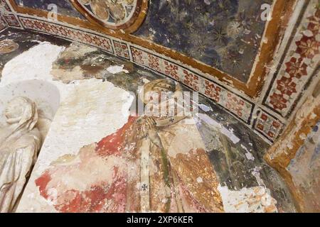 Reste farbenfroher mittelalterlicher Gemälde an den Wänden des Kreuzgangs der Kathedrale von Salamanca, Kastilien und Leon, Spanien Stockfoto