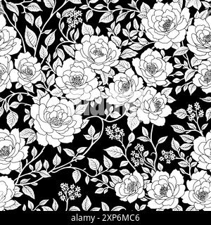 Nahtloses Blumenmuster von Rosen Blumen und Blättern im Chinoiserie-Stil Weiße Silhouetten auf schwarzem Hintergrund. Tapetendesign für Textilien, Papiere, Drucke, Kosmetikprodukte. Stock Vektor