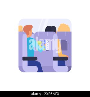 Mann, der auf dem Flugzeugsitz sitzt und auf die Flugkarte auf der digitalen Bildschirmvektorillustration blickt Stock Vektor
