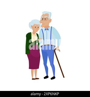 Glückliches altes Paar Rentner stehen und umarmen, Großvater hält Walking Stock Vektor Illustration Stock Vektor