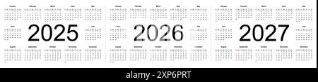 Einfache editierbare Vektorkalender für die Jahre 2025, 2026, 2027. Die Woche beginnt am Sonntag. Isolierte Vektorillustration auf weißem Hintergrund. Stock Vektor