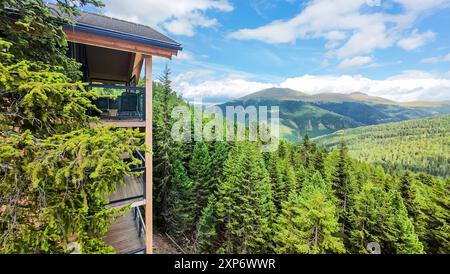 Naturchalets im Alpenpark Turracher Höhe, 1,800 m Seehöhe, Grenze Steiermark / Kärnten, Zirbenwald, moderne Holzbauweise, Balkone mit Bergblick, voll ausgestattete Küche, Sauna, Whirlbadewanne oder Hot Tub, nachhaltige Bauweise, Green Product Award 2023, Privatsphäre, ökologische Materialien, Pistenabfahrt direkt zu den Chalets, naturnahe Bauweise mit Rücksicht auf Flora und Fauna, Projekte von Almdorfbau, hochwertige Massivholz-Chalets, innovatives Tourismuskonzept, Sommer: wandern, Mountainbiken, Schwimmen, Angeln, Reiten, Golf, Winter: Skifahren, Snowboarden 42 Pistenkilometer, Langlaufen, Stockfoto