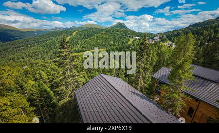 Naturchalets im Alpenpark Turracher Höhe, 1,800 m Seehöhe, Grenze Steiermark / Kärnten, Zirbenwald, moderne Holzbauweise, Balkone mit Bergblick, voll ausgestattete Küche, Sauna, Whirlbadewanne oder Hot Tub, nachhaltige Bauweise, Green Product Award 2023, Privatsphäre, ökologische Materialien, Pistenabfahrt direkt zu den Chalets, naturnahe Bauweise mit Rücksicht auf Flora und Fauna, Projekte von Almdorfbau, hochwertige Massivholz-Chalets, innovatives Tourismuskonzept, Sommer: wandern, Mountainbiken, Schwimmen, Angeln, Reiten, Golf, Winter: Skifahren, Snowboarden 42 Pistenkilometer, Langlaufen, Stockfoto