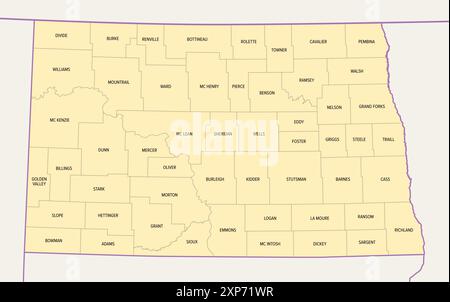 North Dakota, US-Bundesstaat, unterteilt in 53 Countys, politische Karte mit Grenzen und Countys. Bundesstaat im oberen Mittleren Westen der USA. Stockfoto