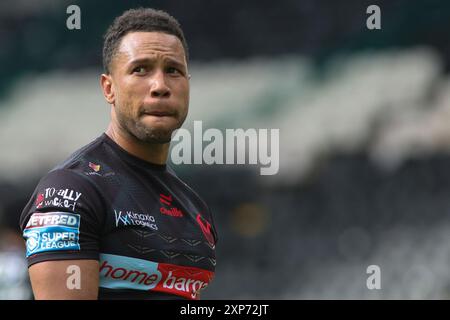 Rumpf, Großbritannien. August 2024. Das MKM Stadium, West Park, Hull, Humberside, East Yorkshire, August 2024. Betfred Super League Hull FC gegen St Helens Moses Mbye von St Helens RLFC Credit: Touchlinepics/Alamy Live News Stockfoto