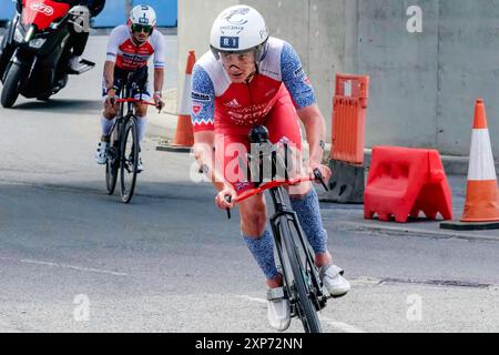 28. Juli 2024, T100 Triathlon World Series Männer's Race, London Docklands, Großbritannien. Ehemaliger Olympiasieger Alastair Brownlee auf der Rennstrecke. Stockfoto