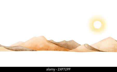 Elegante Wüstenlandschaft mit Sonne und Sanddünen Aquarellillustration. Monochrome Skizze zum Sonnenaufgang in beigefarbenen Farben Stockfoto